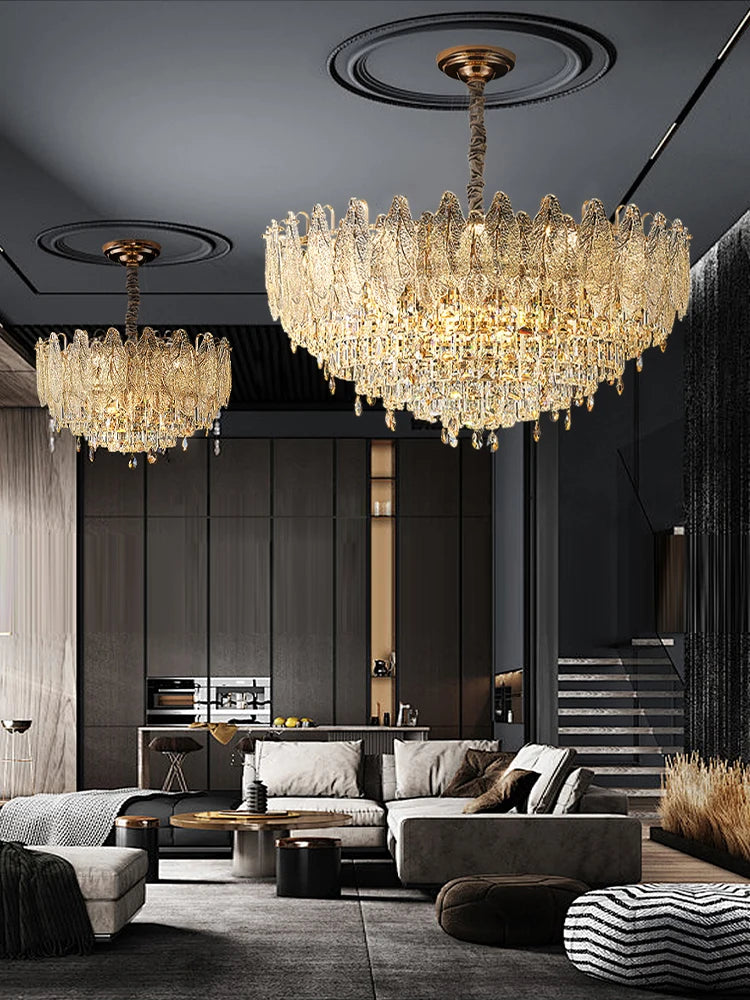 Modern Luxury Emboss Crystal Leaves Home Decor Ceiling Chandelier Led European Designer Long Light Fixture for Dining Room Table