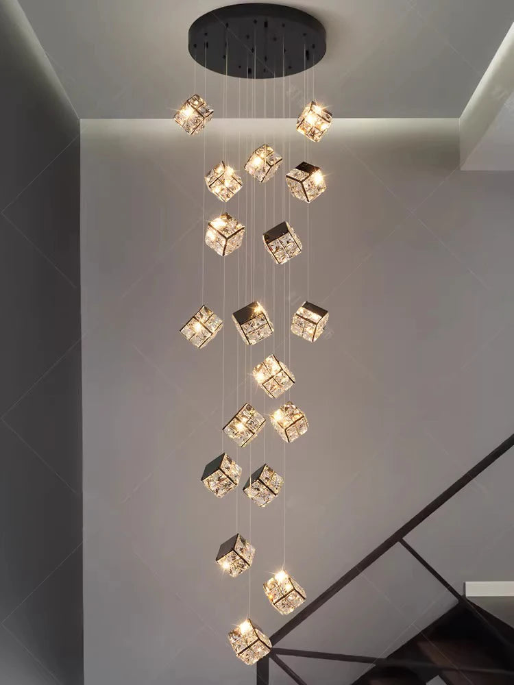 Modern Creative Cube Crystal Chandelier Lighting Large Luxury Hanging Lamps for Villa Duplex High Ceiling Decoration Lustres