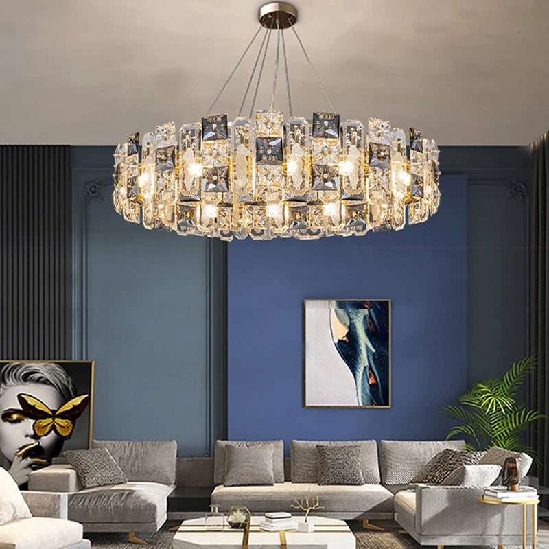 Smokey Gray Squre Crystal Long Oval Chandeliers 2024 Hanging Lights for Ceiling LED Home Decor Lustre Luxury Golden Dining Room