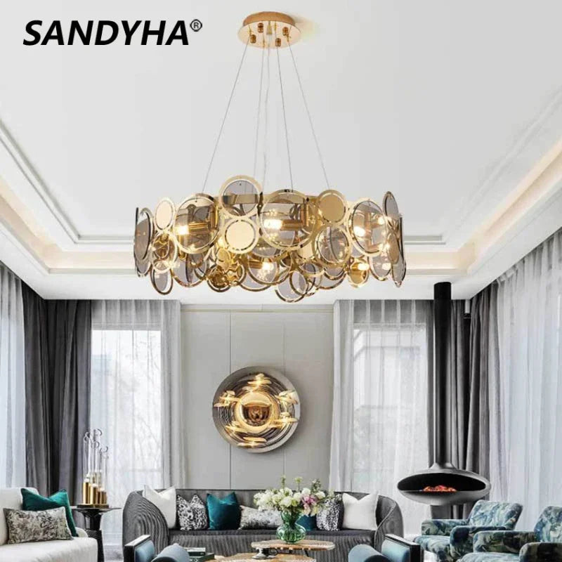 Nordic Luxury Gold Crystal Chandeliers Round Ring Led Pendant Lamp for Living Room Lustre Salon Design Luxe Home Decor Lighting