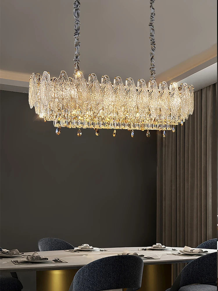 Modern Luxury Emboss Crystal Leaves Home Decor Ceiling Chandelier Led European Designer Long Light Fixture for Dining Room Table