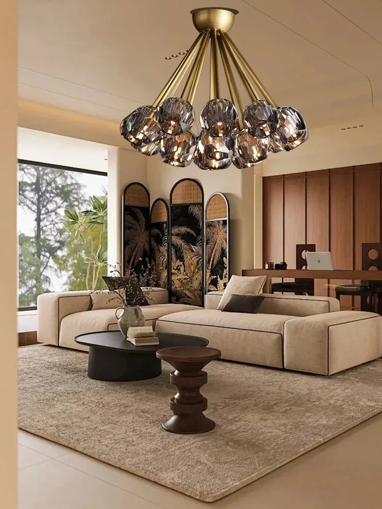 2024 All Copper Gray Clear Crystal Ceiling Chandelier Home Appliance Living Room Bedroom Light Fixture Luxury