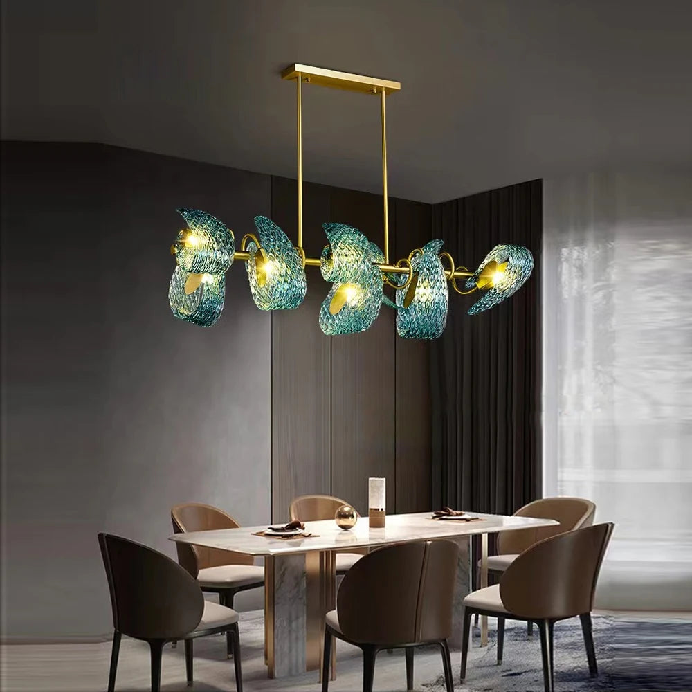 Chandelier Creative Art Decor Post-Modern Luxury Blue Copper Flower Indoor Hanging Lamp Lustre for Dinning Table Chandelier