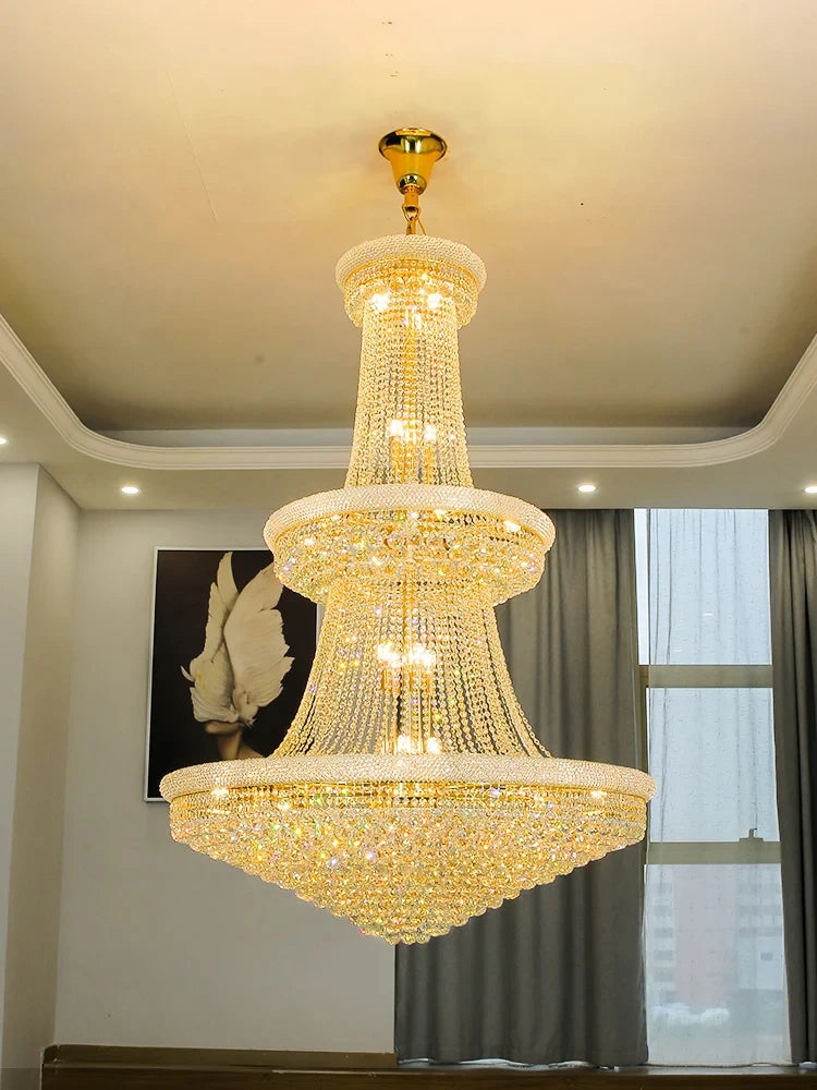 Luxury Living Room Crystal Chandelier Staircase European-Style Large Chrome Chandelier Hotel Lobby Villa High Ceiling Lighting