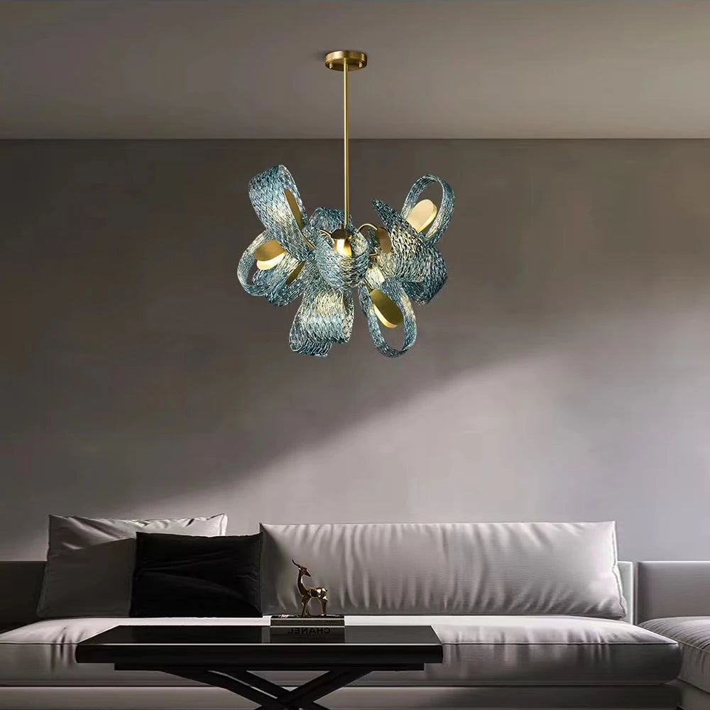 Chandelier Creative Art Decor Post-Modern Luxury Blue Copper Flower Indoor Hanging Lamp Lustre for Dinning Table Chandelier