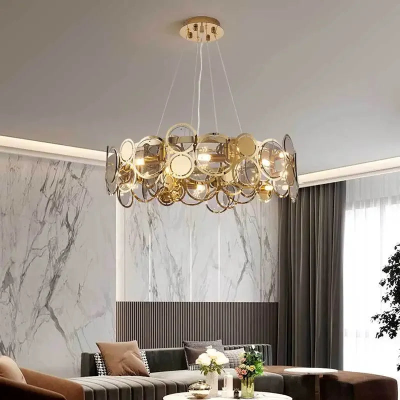 Nordic Luxury Gold Crystal Chandeliers Round Ring Led Pendant Lamp for Living Room Lustre Salon Design Luxe Home Decor Lighting