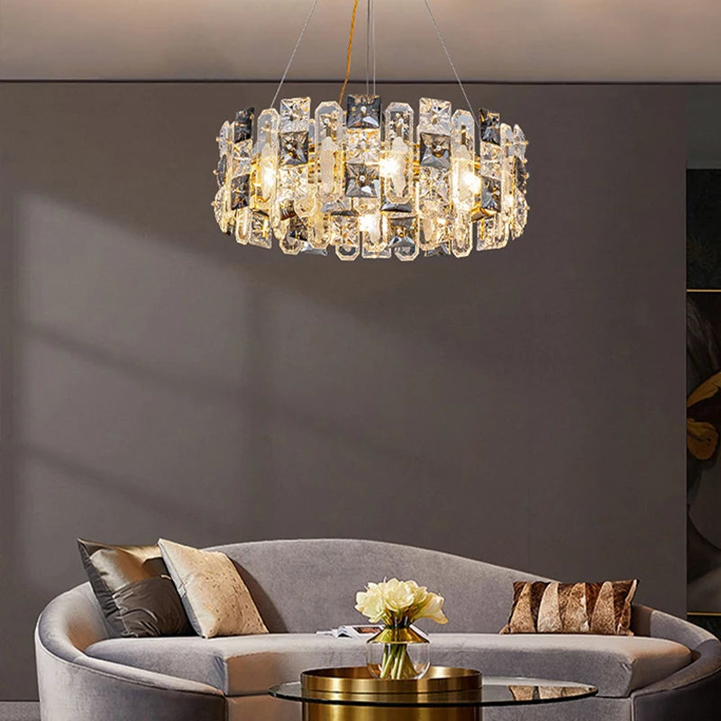 Smokey Gray Squre Crystal Long Oval Chandeliers 2024 Hanging Lights for Ceiling LED Home Decor Lustre Luxury Golden Dining Room