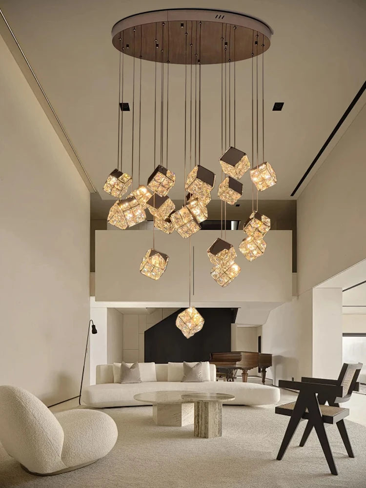 Modern Creative Cube Crystal Chandelier Lighting Large Luxury Hanging Lamps for Villa Duplex High Ceiling Decoration Lustres