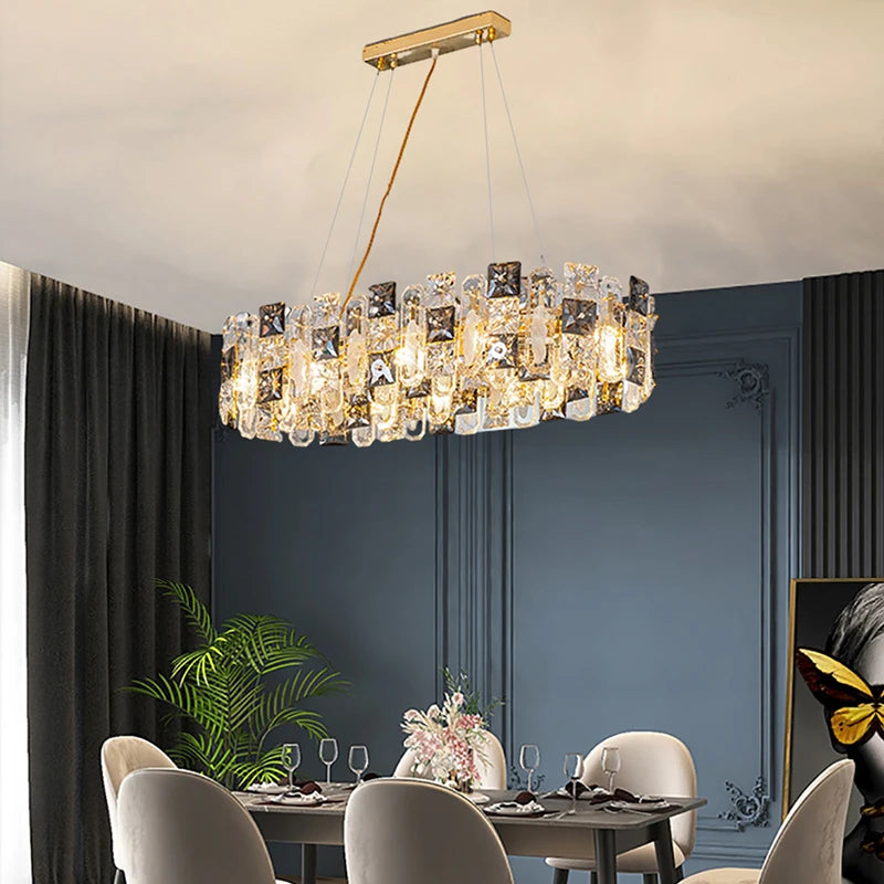 Smokey Gray Squre Crystal Long Oval Chandeliers 2024 Hanging Lights for Ceiling LED Home Decor Lustre Luxury Golden Dining Room