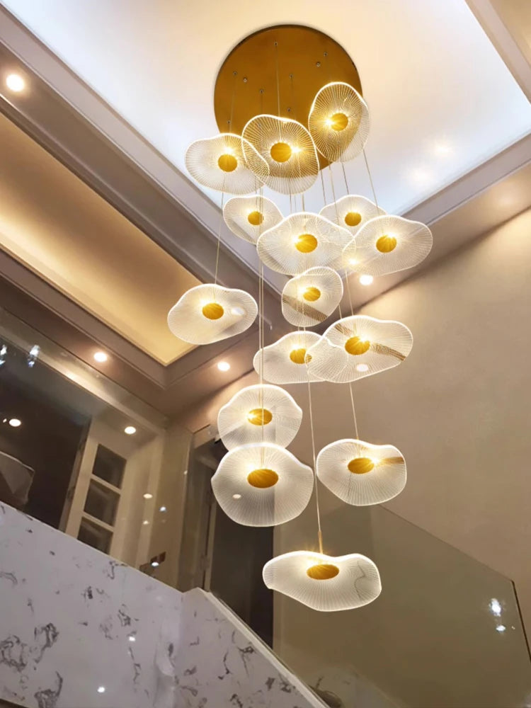 Lotus Leaf Design Acrylic Lustrous Modern Chandelier Flower Chandelier Restaurant Hotel Lobby Villa Stair Long Chandelier